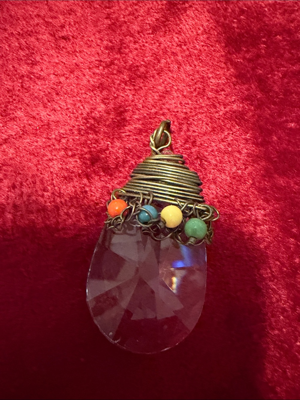 Multicolor Bead brass hand wired  Wrapped Crystal Pendant -beads dangle 2.5”